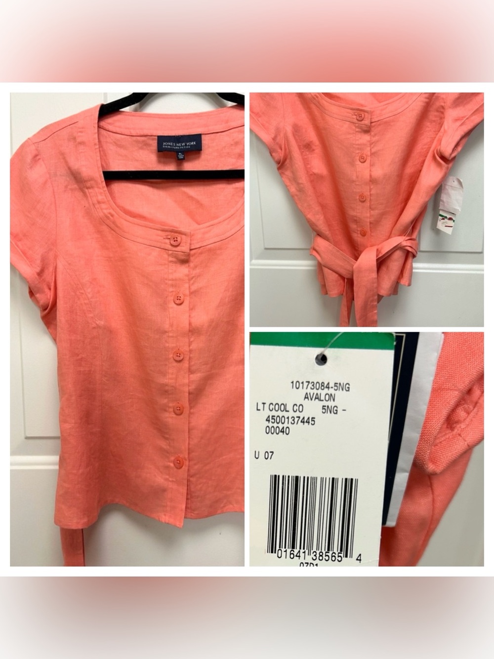 Jones New York Coral Button-Front Tie-Waist Short Sleeve Top